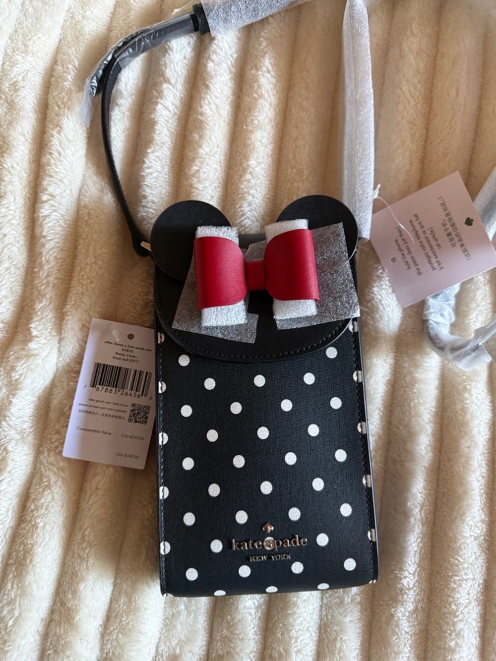 kate spade Kids Black and White Polka Dot Minnie Crossbody with Red Bow